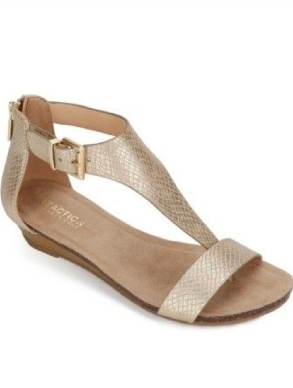 Gold Ankle-Strap Sandal New Kenneth Cole Reaction Womans Gal T-strap Wedge Size